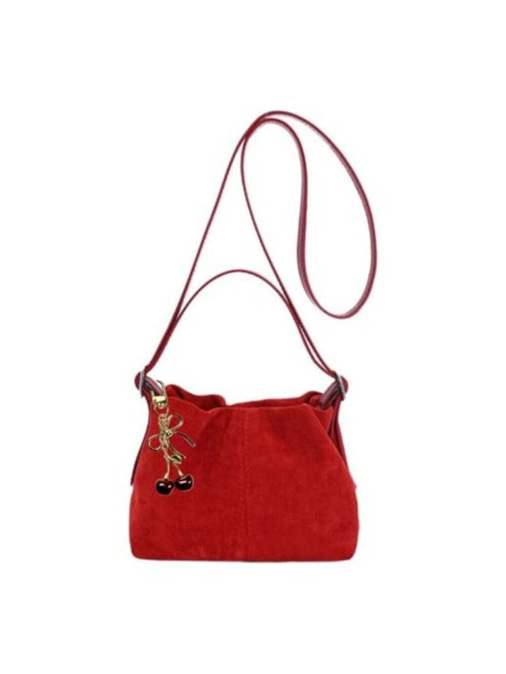 Mini Faux Suede Crossbody Bag Drawstring Bucket Purse with Cherry Charm